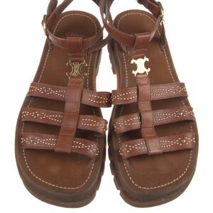 CELINE triomphe gladiator Brown Leather Sandals with Gold Accents